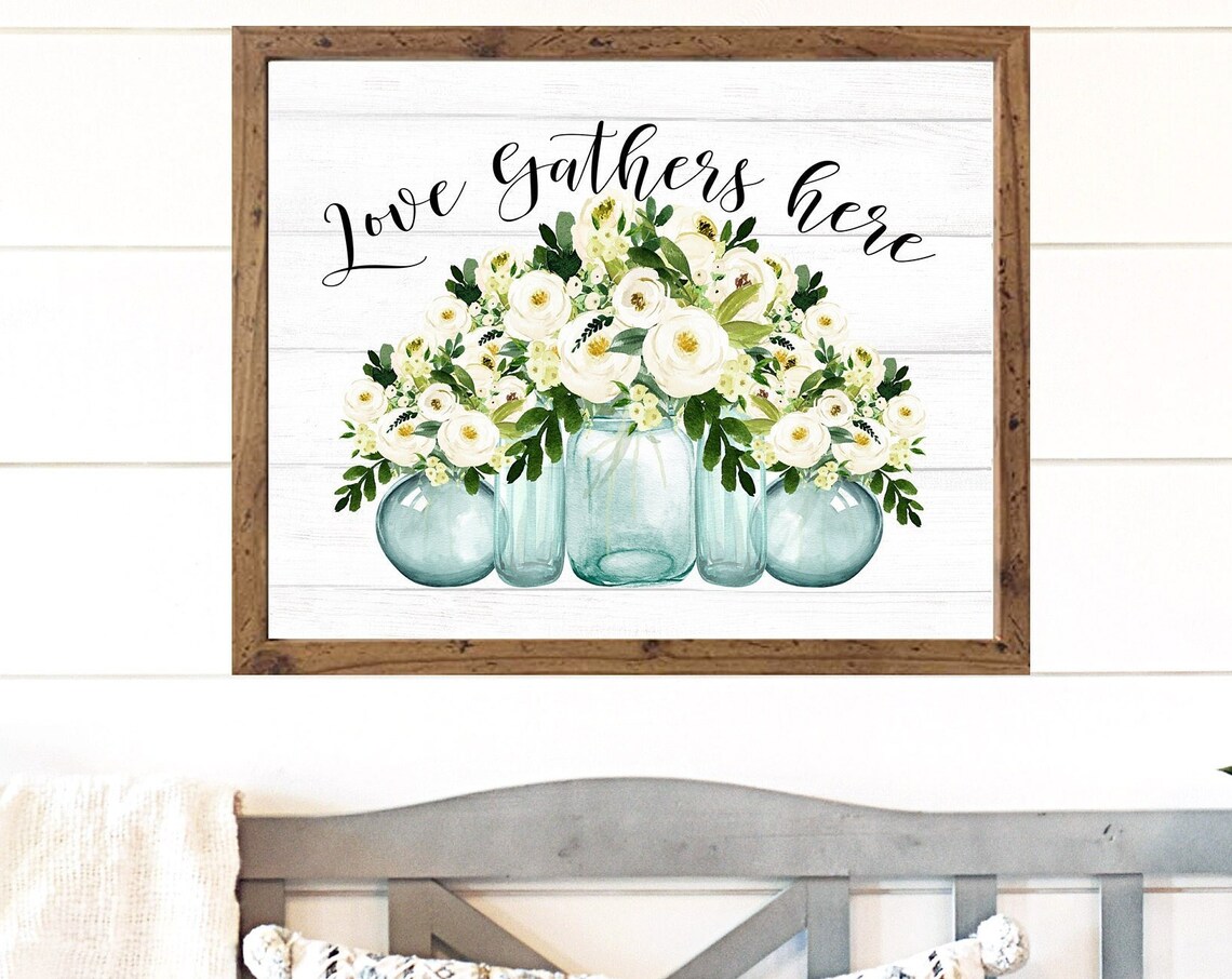 Love Gathers Here Teal Vases with White Florals Warm Quote Poster