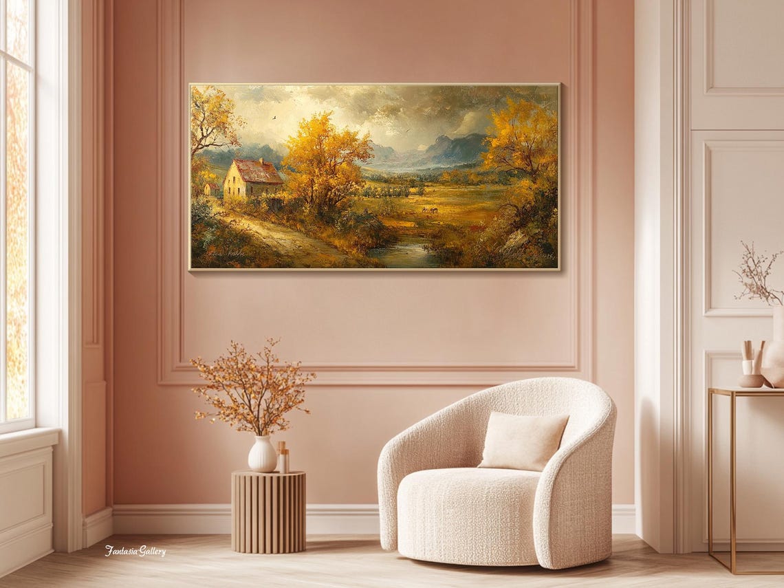 Golden Autumn Landscape Oil Painting On Original Rustic Countryside Scene Wall Art Living Room Wall Art Vintage Farmhouse Wall Decor - Image 4