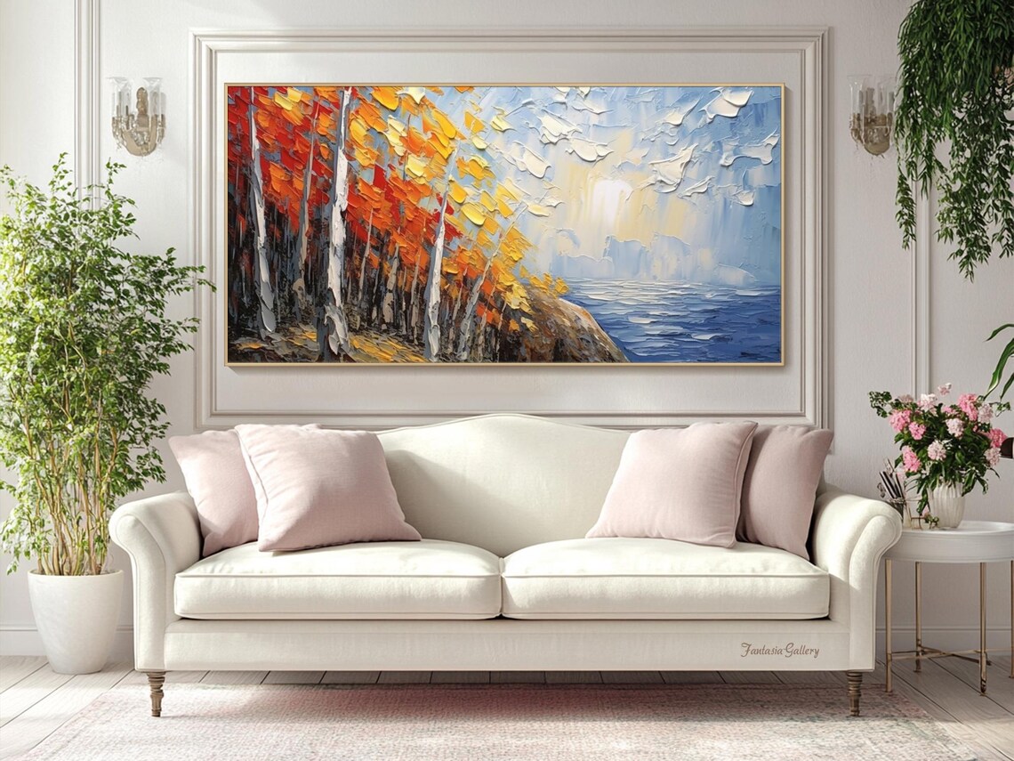 Palette Knife Autumn Birch Forest Meeting Blue Sea Coastal Print - Image 3