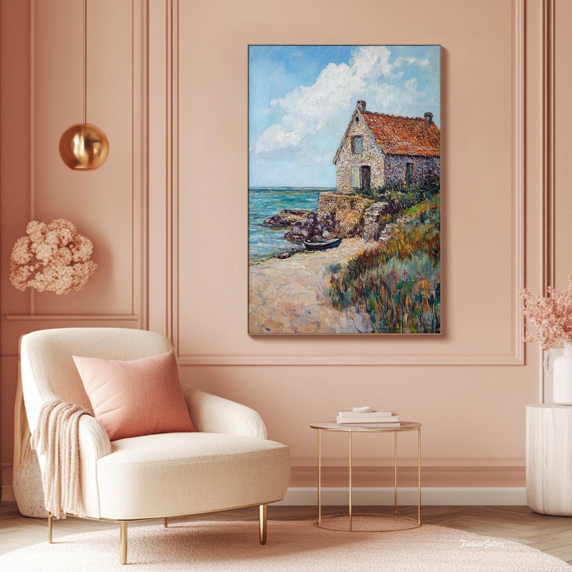 Stone Coastal Cottage With Red Roof And Boat By The Sea Wall Art - Image 3