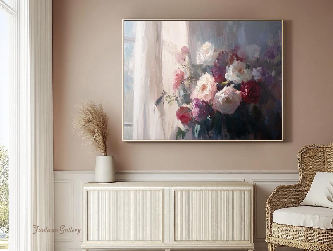 Impressionist Roses Bouquet Window Light Floral Oil Painting Wall Art - Image 4