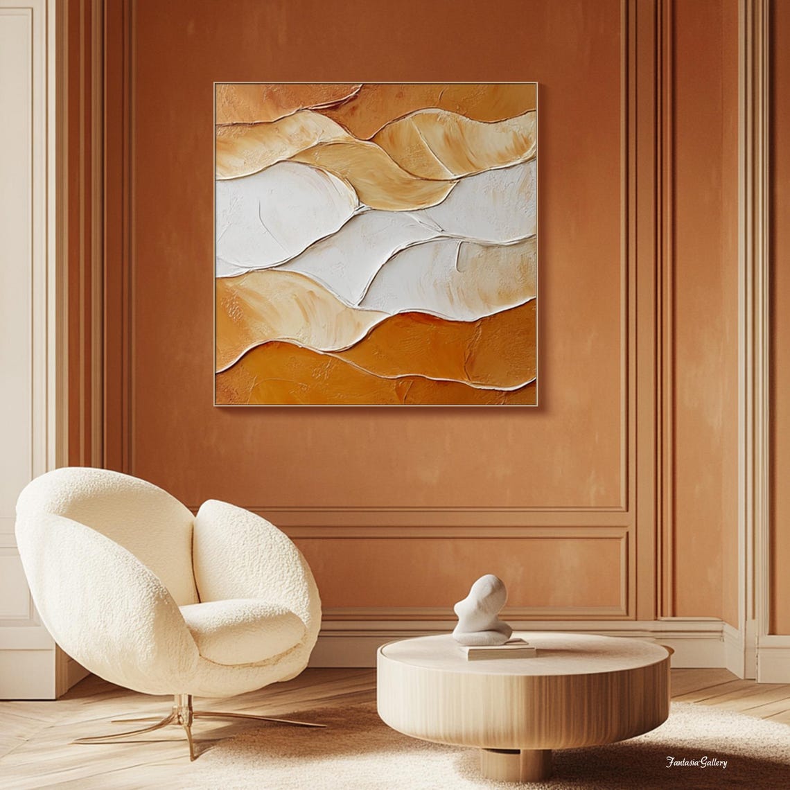 Terracotta And Cream Abstract Waves Textured Minimalist Wall Art - Image 2