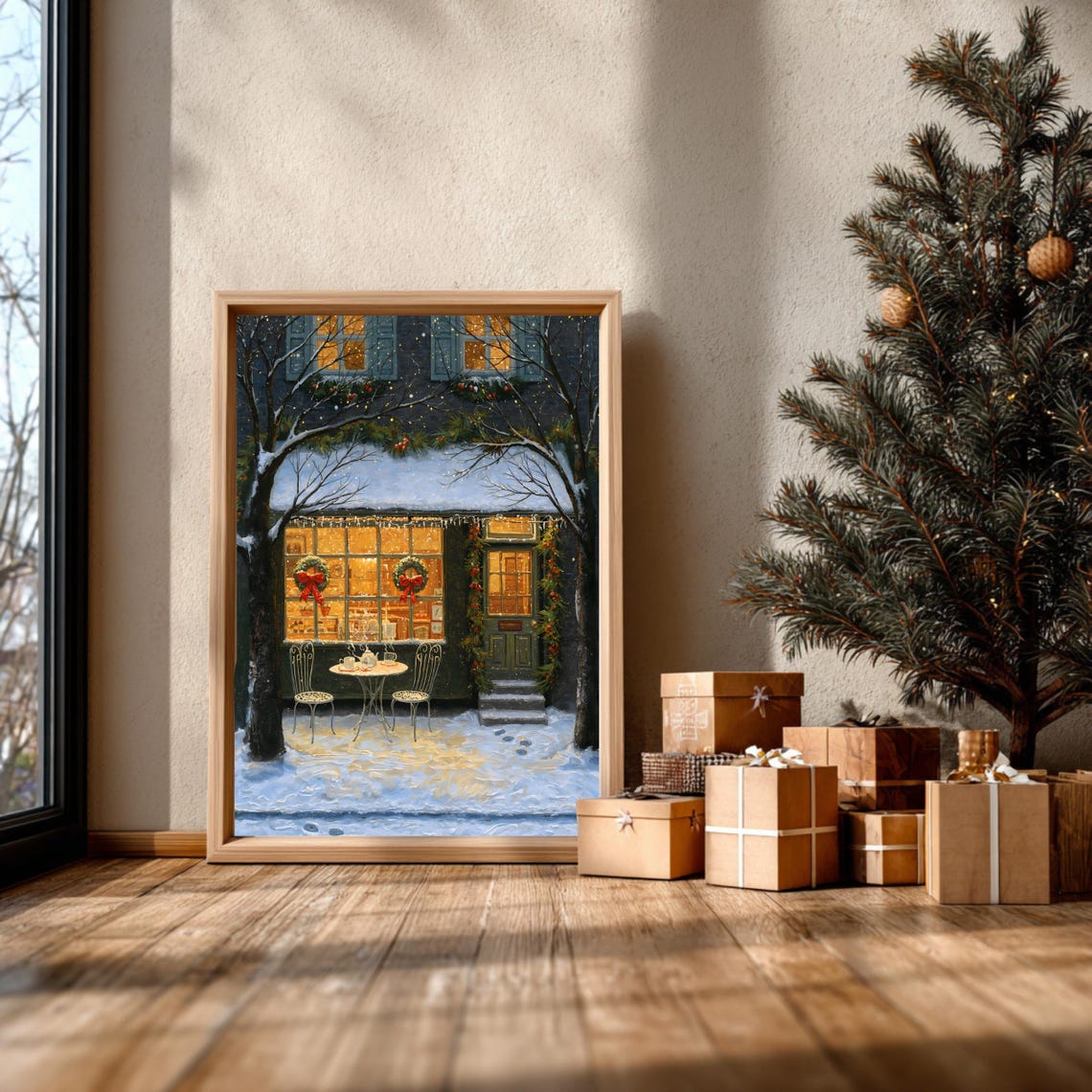 Cozy Snowy Christmas Cafe With Glowing Windows At Night Art Poster