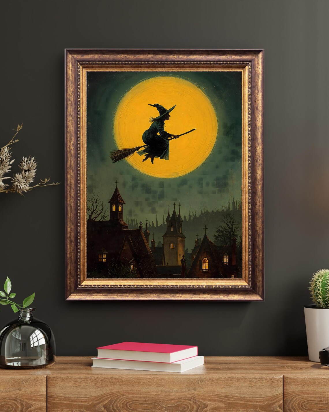 Vintage Halloween Witch Flying Silhouette, Art Print