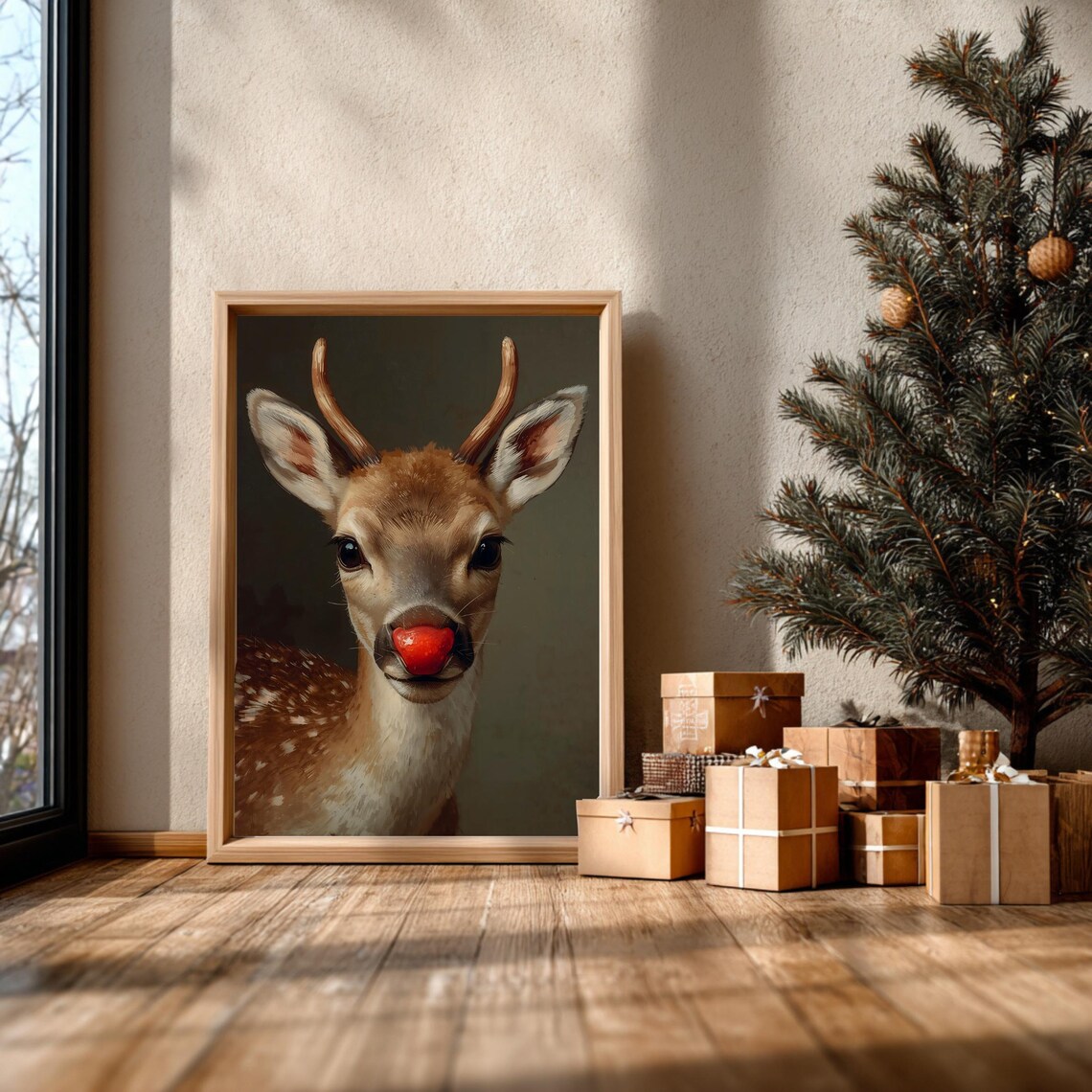 Whimsical Red-Nosed Deer Rudolph Christmas Art Print