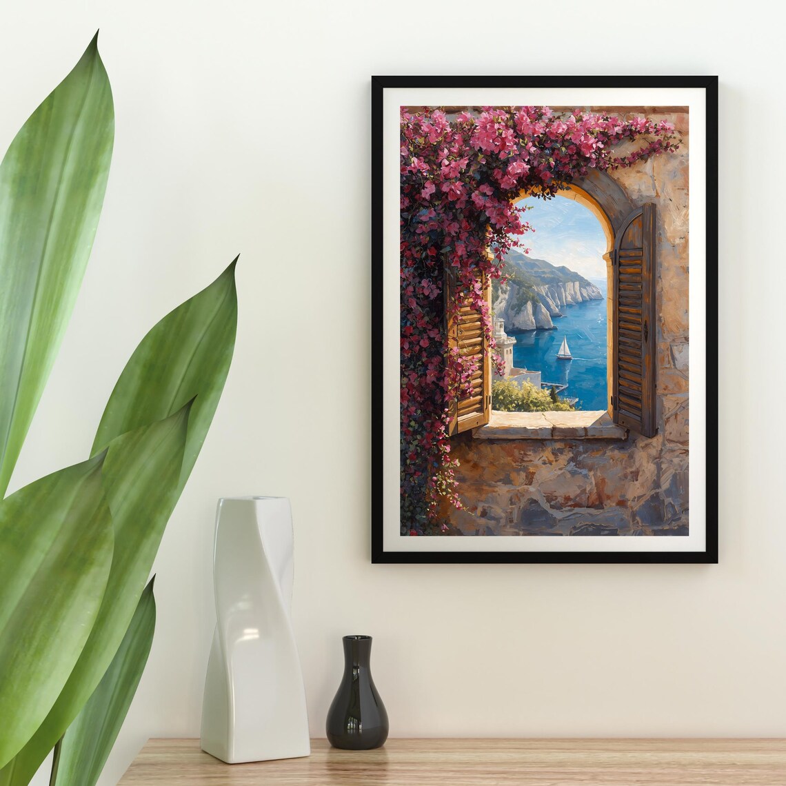 Mediterranean Window View Art Print, Italian Coastal