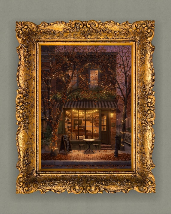 Twilight Autumn Café Wall Art, Cozy Coffee Shop