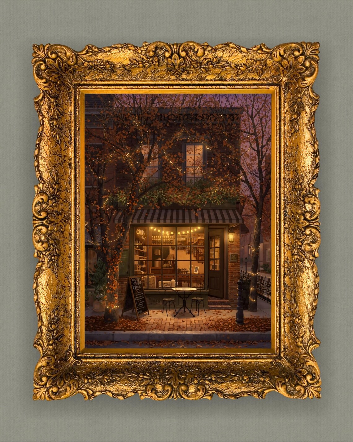 Twilight Autumn Café Wall Art, Cozy Coffee Shop