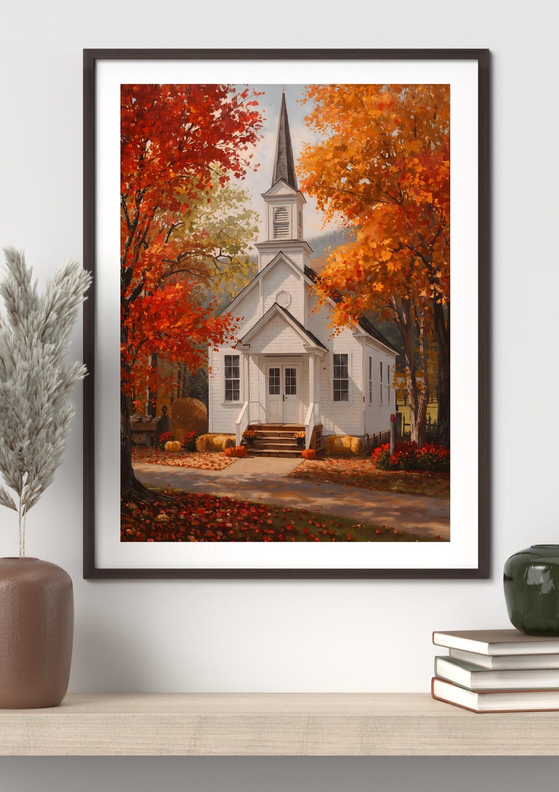 White Country Church With Steeple In Autumn Foliage Painting Poster