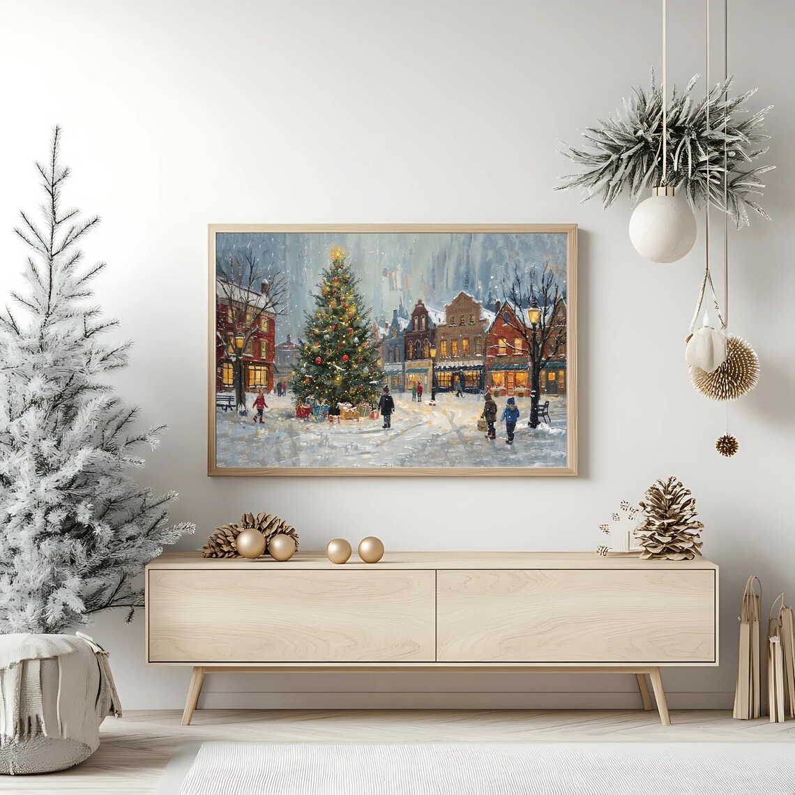 Snowy Christmas Village Street Tree Lights Vintage Holiday Poster