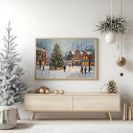 Snowy Christmas Village Street Tree Lights Vintage Holiday Poster