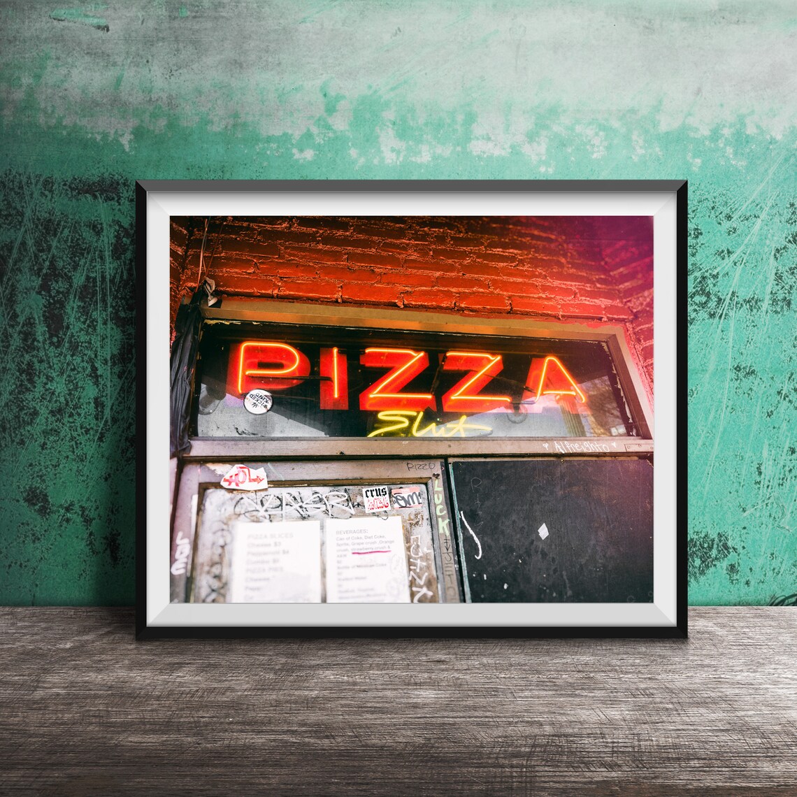 Pizza Slut Red Neon Sign Downtown Portland Shop Window Poster