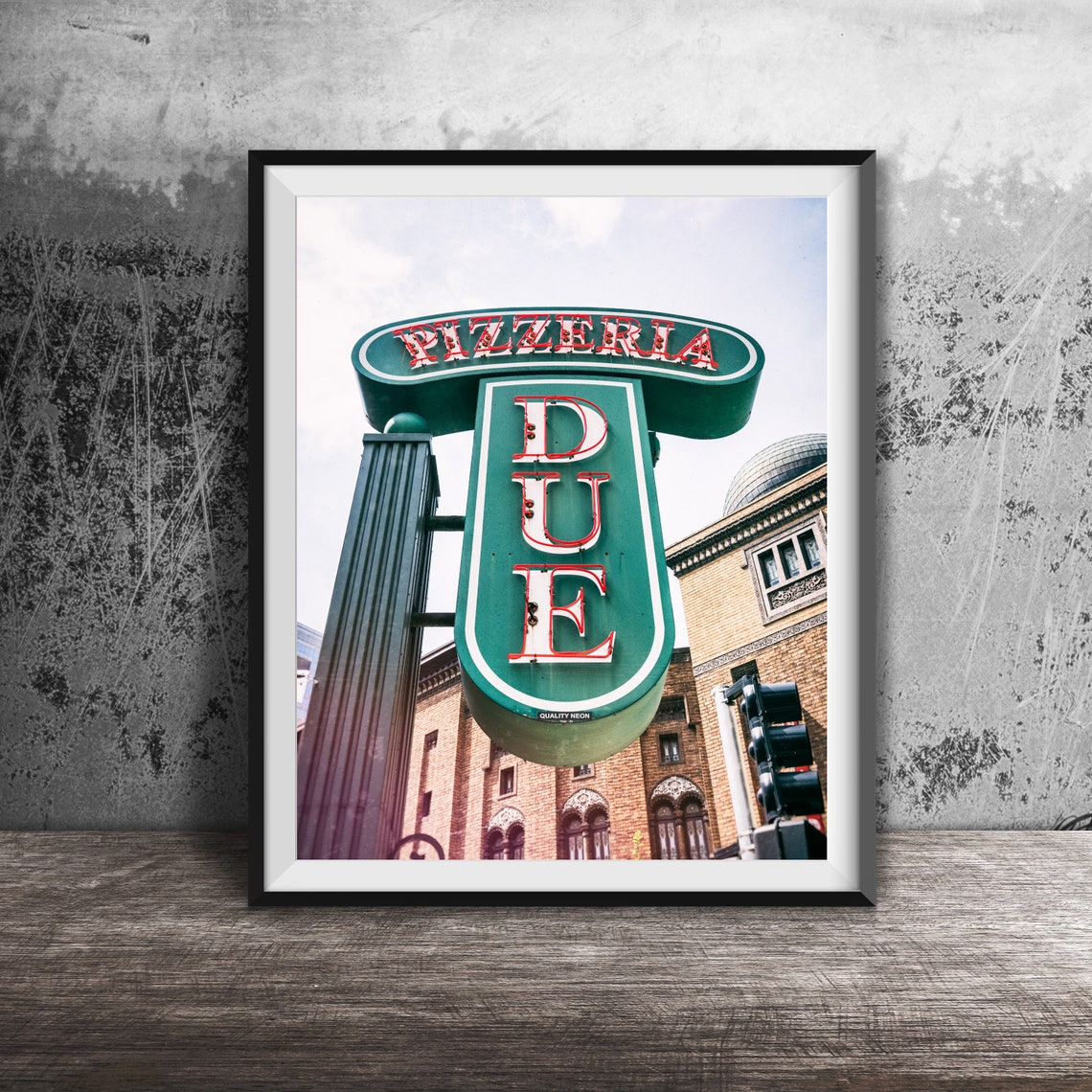 Pizzeria Due Green Neon Blade Sign River North Chicago Poster