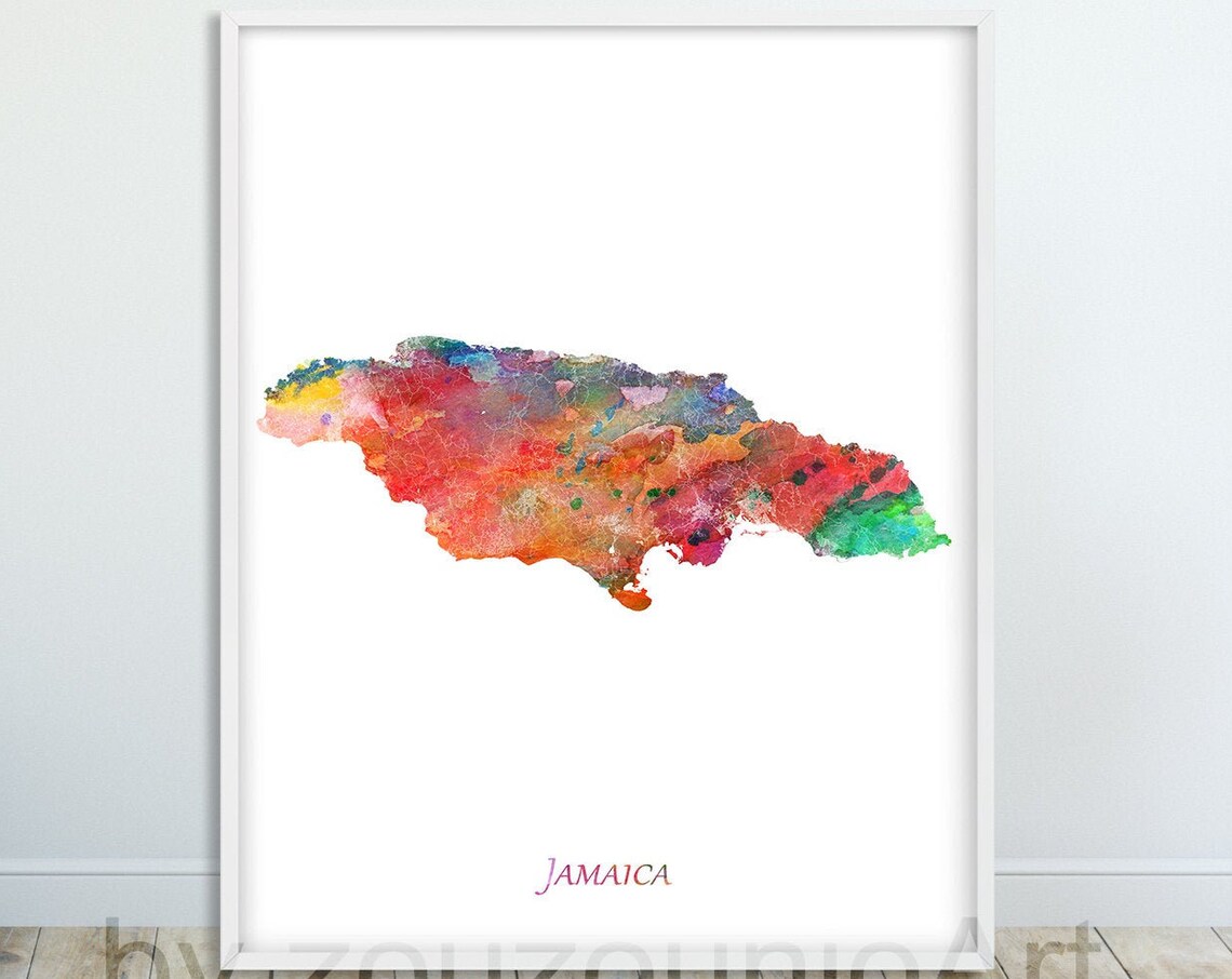 Jamaica Watercolor Island Map Poster Colorful Caribbean Travel Wall Decor Art