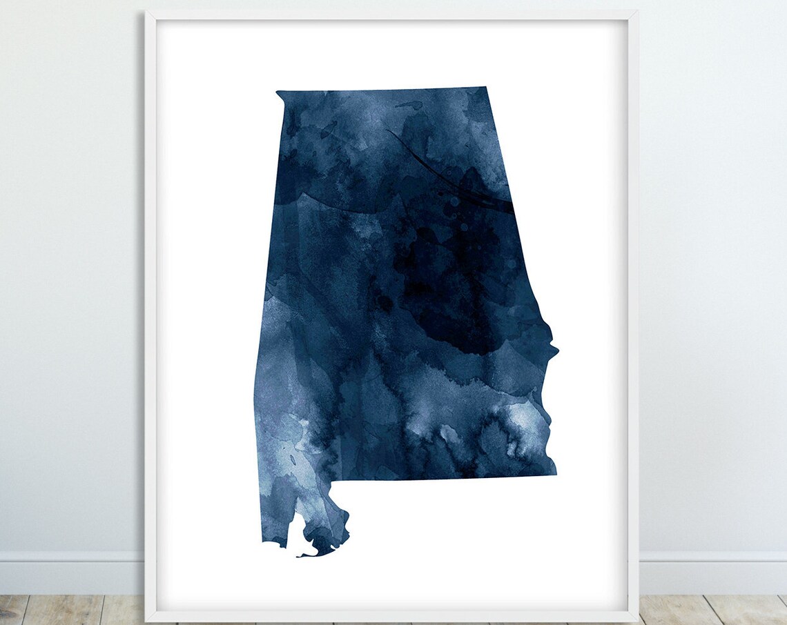 Alabama State Map Print, Navy Blue Watercolor Silhouette