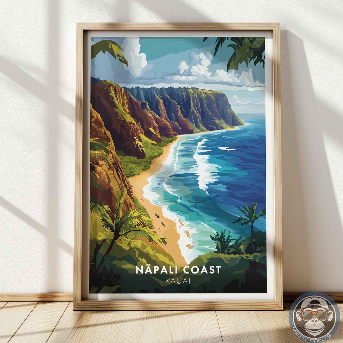 Napali Coast Kauai Sandy Beach Green Cliffs Ocean Vintage Art Poster