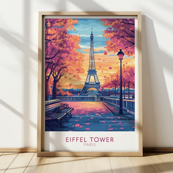 Eiffel Tower Paris Glowing Sunset Pink Blossom Trees Travel Poster