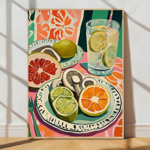 Citrus Fruit and Mushroom Still Life Colorful Kitchen Wall Art