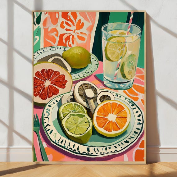 Colorful Fruit Kitchen Art Citrus And Mushroom Wall Print Maximalist Food Poster Orange Lime Lemon