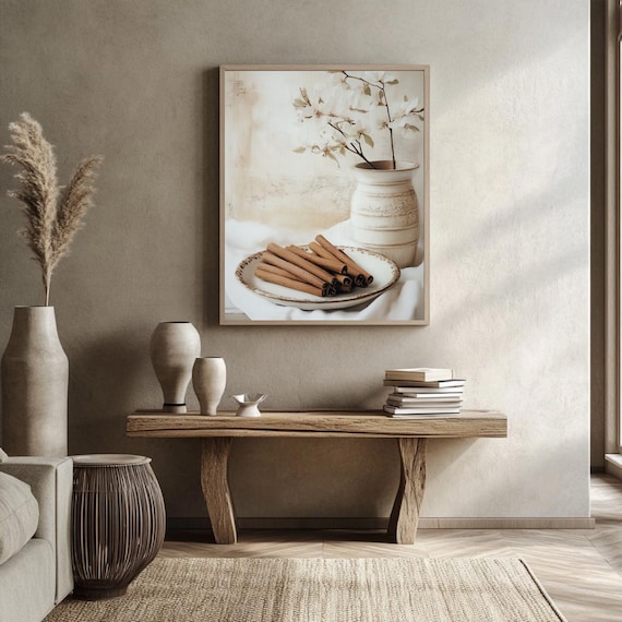 Cinnamon Stick Wall Art Print Beige Kitchen Decor Rustic Still Life Painting Neutral Poster Farmhouse