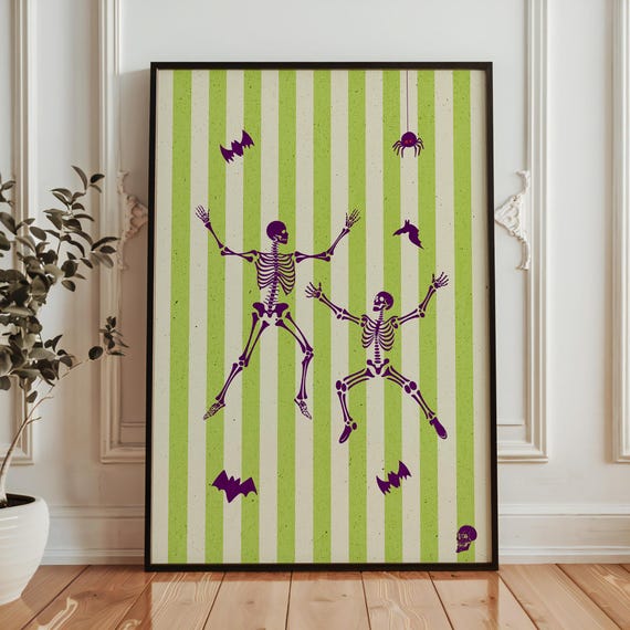 Dancing Skeletons Halloween Poster Green Purple Striped Spooky Wall Art