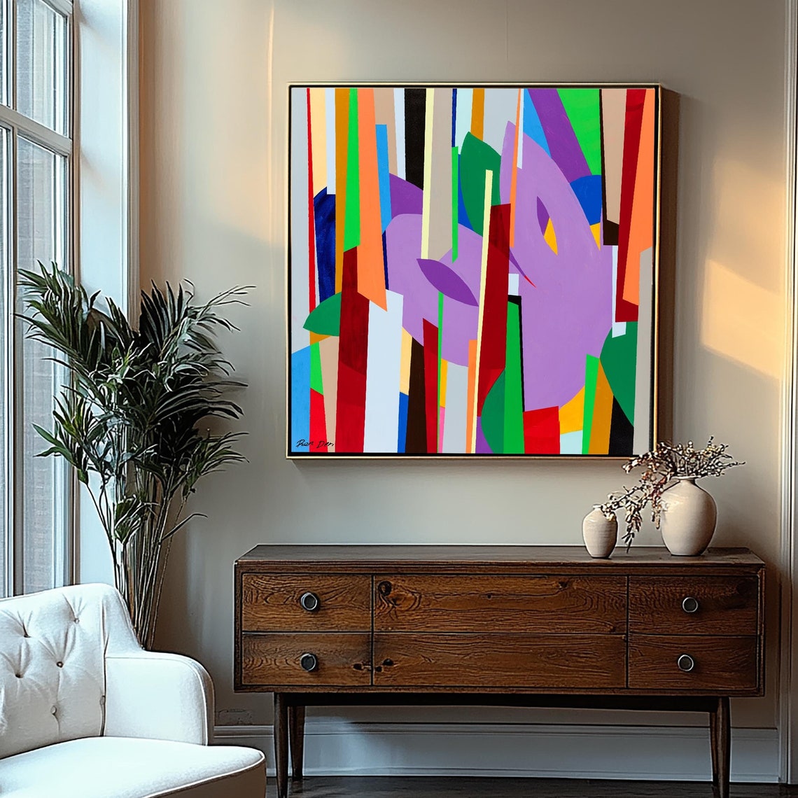 Purple Bloom and Rainbow Stripe Abstract Poster Pop Art Flowers