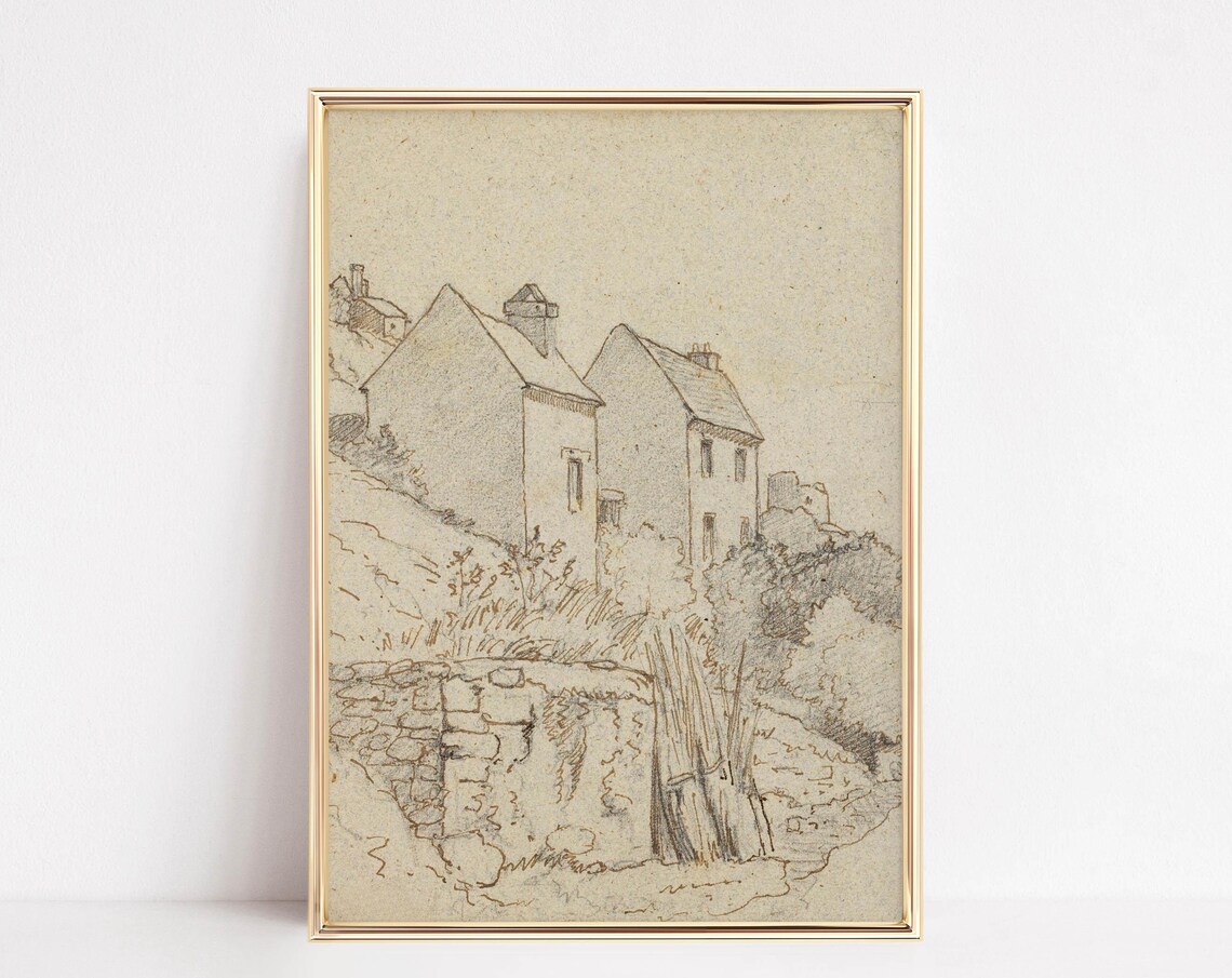 Vintage Pencil Sketch Rustic Cottages Landscape Drawing Poster