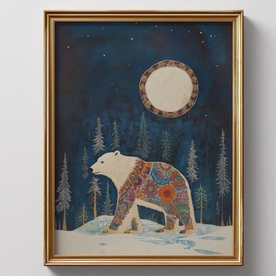 Scandi Polar Bear Folk Art Print, Nordic Style