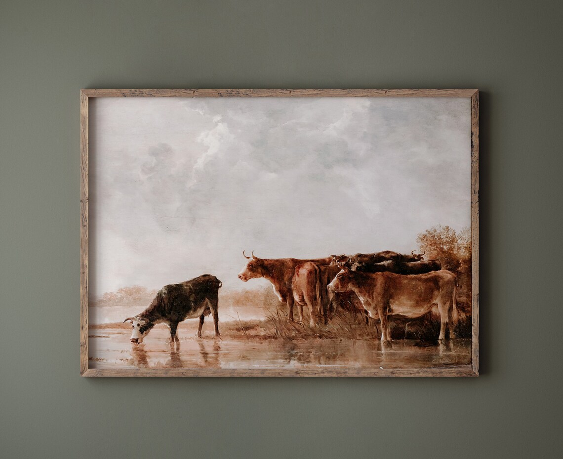 Vintage Country Landscape Cows at Misty Lake Oil Painting Poster - Image 2