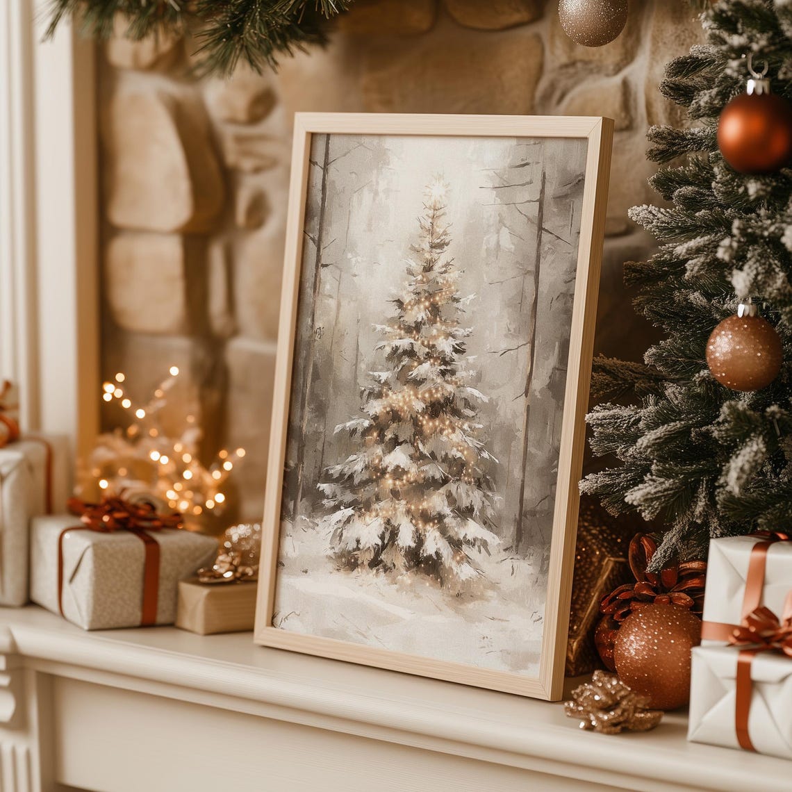 Snowy Christmas Tree In Misty Winter Forest Vintage Painting Print - Image 2