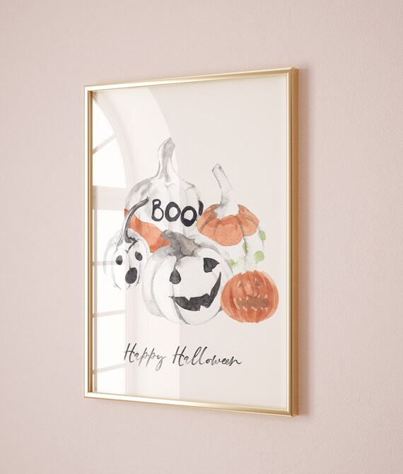 Funny Happy Halloween Watercolor Pumpkins Spooky Party Wall Art