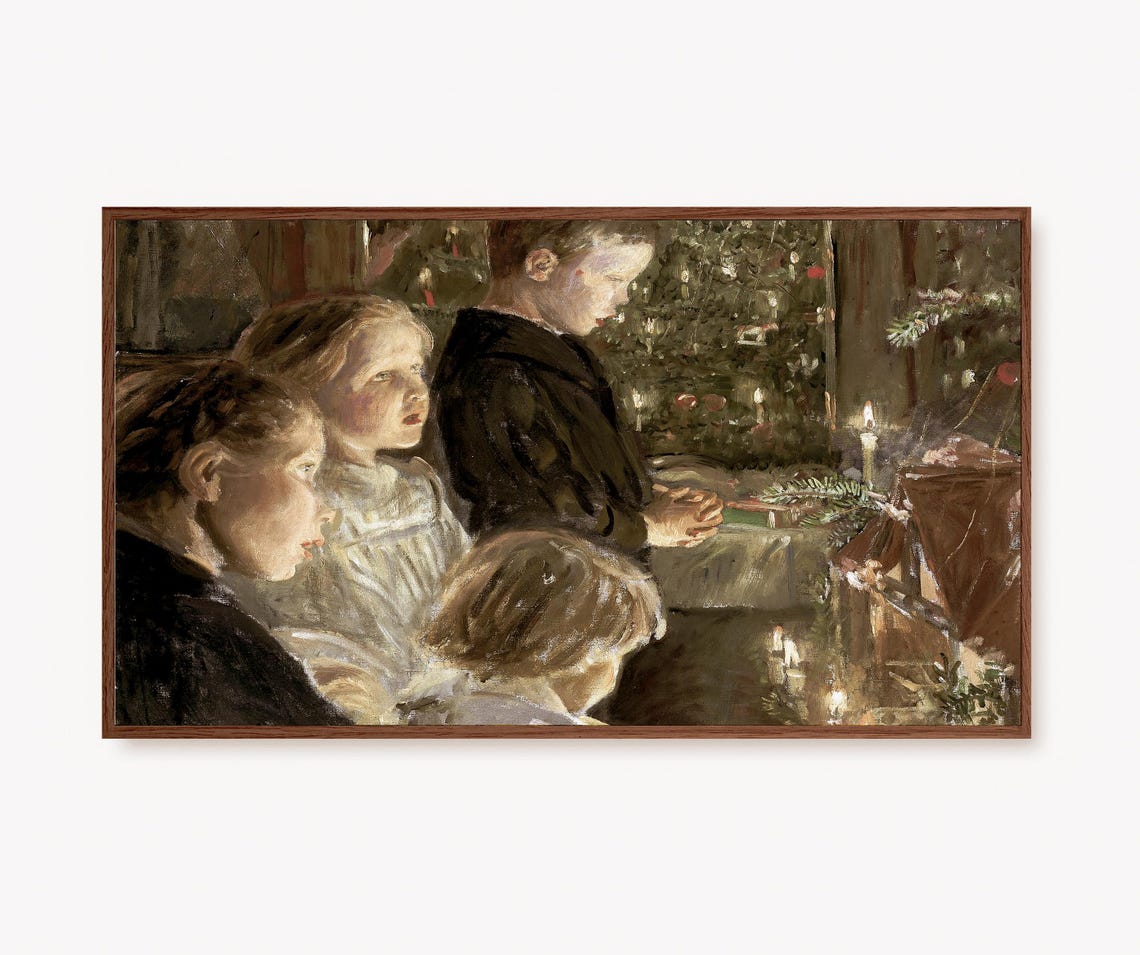 Children By Christmas Tree Candlelight Vintage Painting Art Print