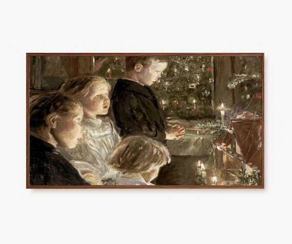 Children By Christmas Tree Candlelight Vintage Painting Art Print