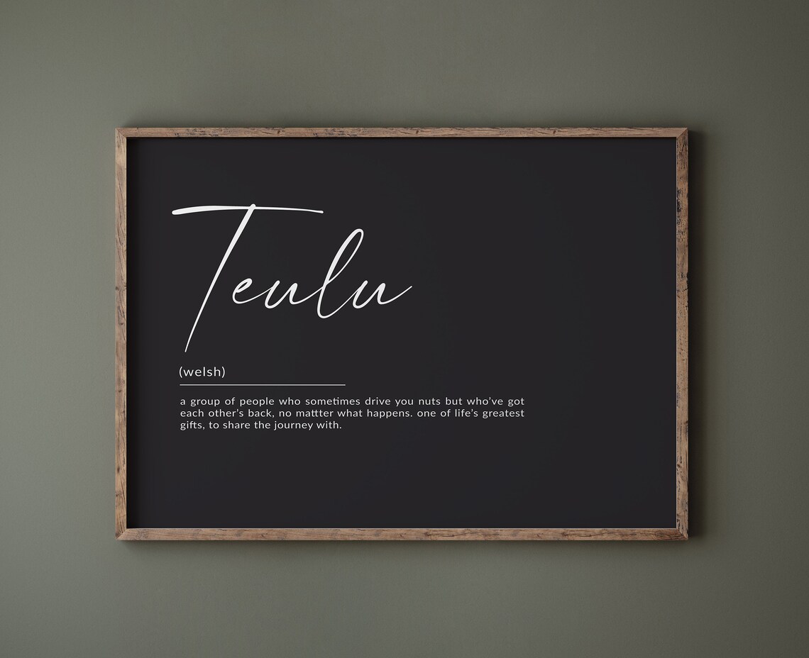 Teulu Welsh Family Definition Poster Dark Dictionary Style Wall Decor