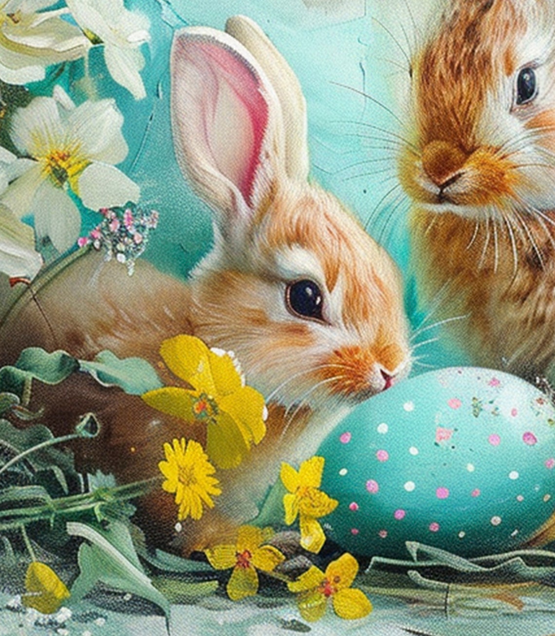 Two Easter Bunnies with Painted Eggs Pastel Spring Painting Poster - Image 2