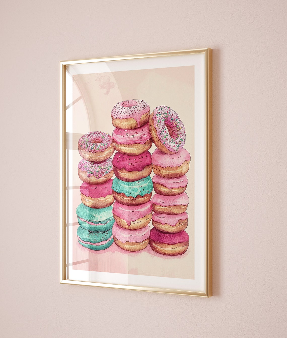 Watercolor Donuts Stack Pink Blue Retro Sweet Kitchen Art Poster