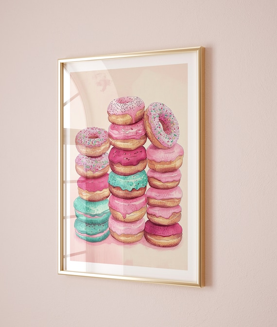 Watercolor Donuts Stack Pink Blue Retro Sweet Kitchen Art Poster