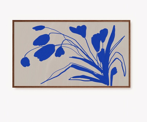 Bold Blue Botanical Tulip Silhouette Modern Abstract Art Poster