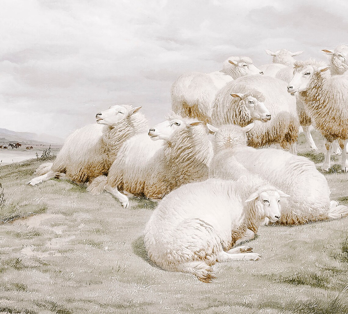 Shepherd Sheepdog Flock Stream Antique Farm Oil Painting Poster - Image 2