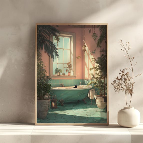 Funny Black Cat In Bathtub Wall Art Whimsical Bathroom Print Poster Animal Decor Maximalist Artwork