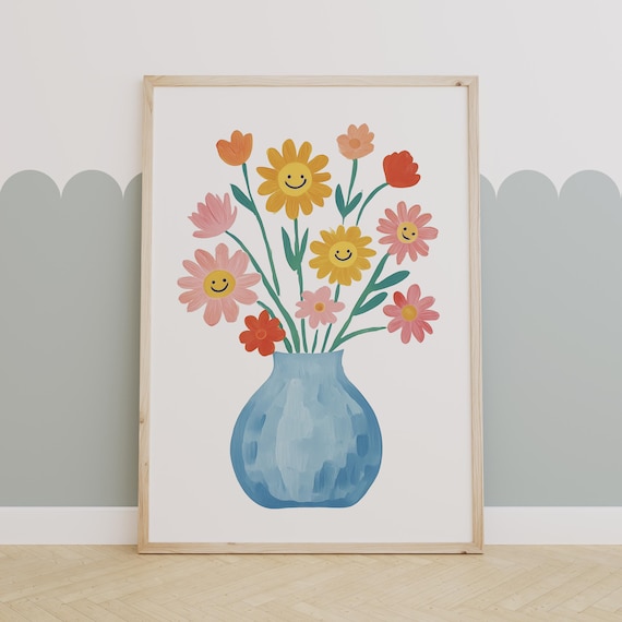 Smiley Face Flower Bouquet Pastel Floral Girls Nursery Art Print
