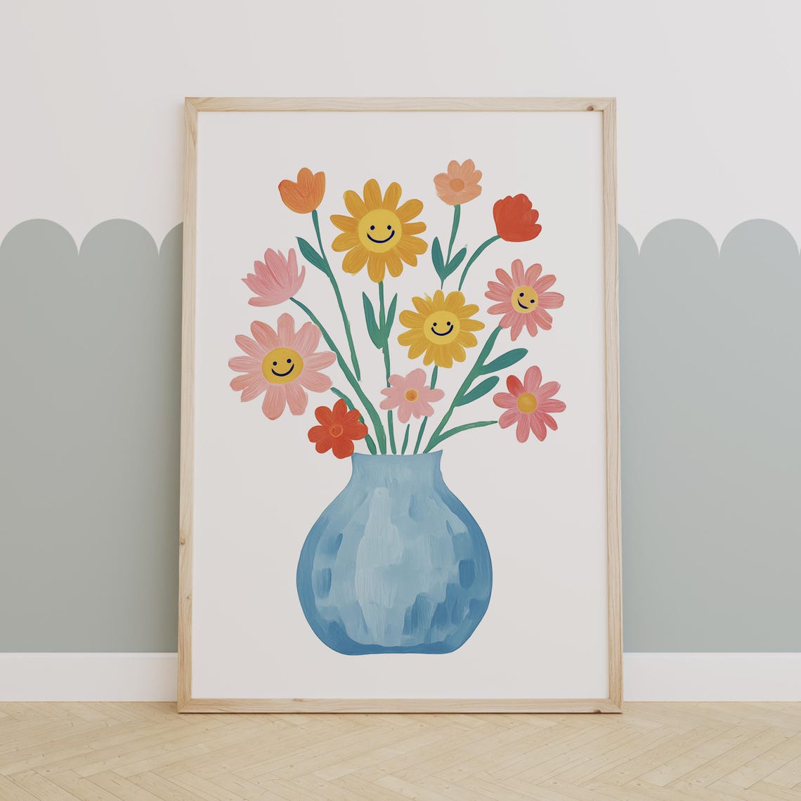 Smiley Floral Print Nursery Flower Illustration Girls Art Kids Room Gifts For Her Baby Girl Flowers Pastel Colors