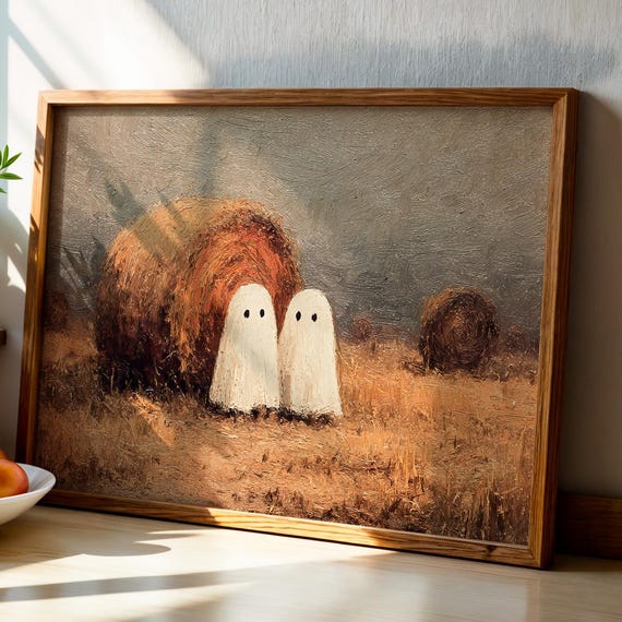 Ghosts And Hay Bale Wall Art Country Halloween Rustic Decor Cute Spooky Autumn Painting