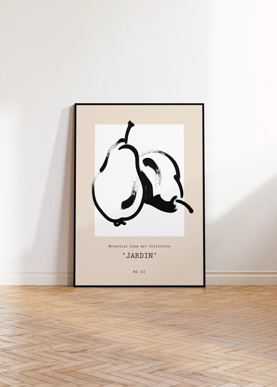 Minimalist Pear Line Art Print On Beige Neutral Background Kitchen Wall Art Unframed