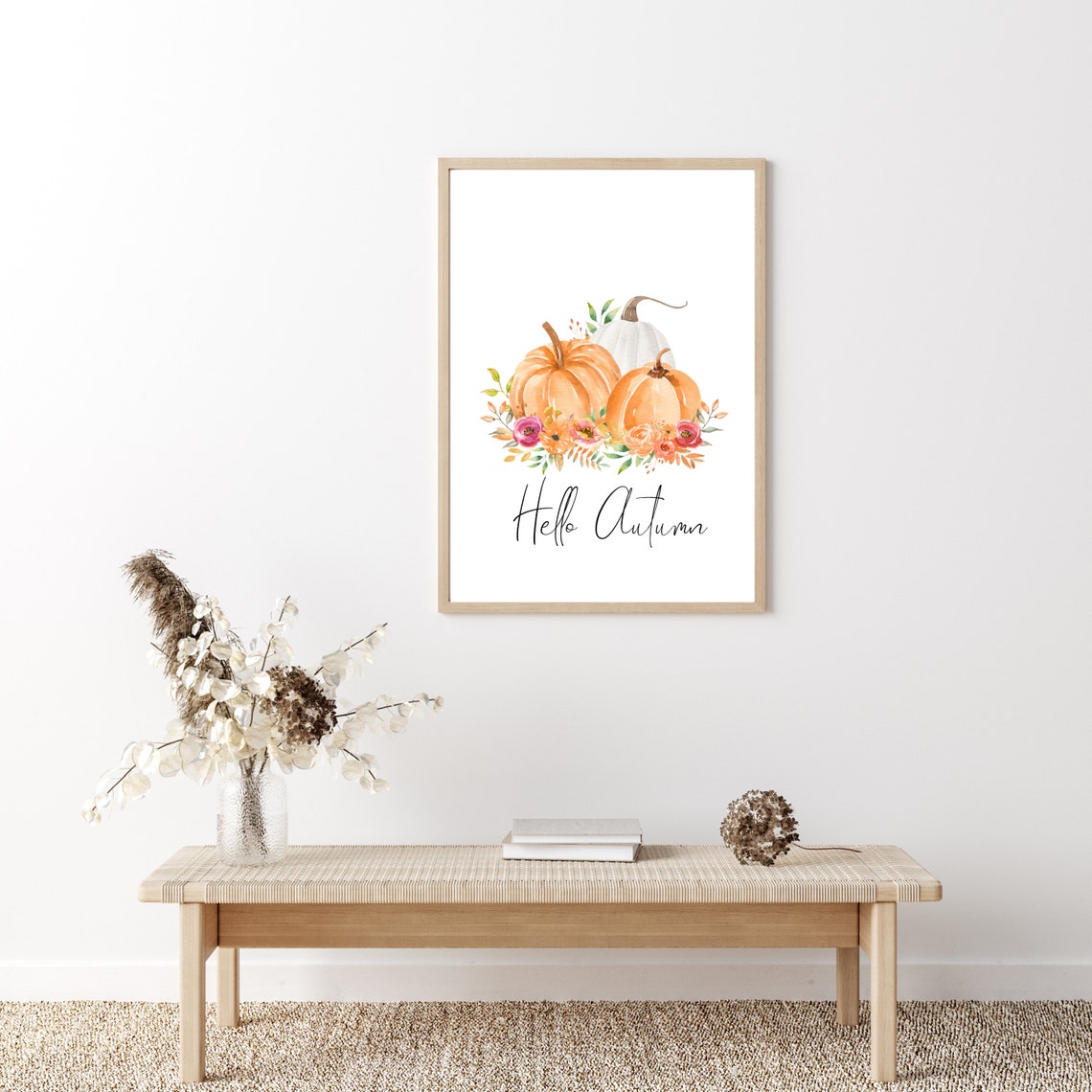 Hello Autumn Watercolor Pumpkins Floral Fall Wall Decor Poster - Image 2