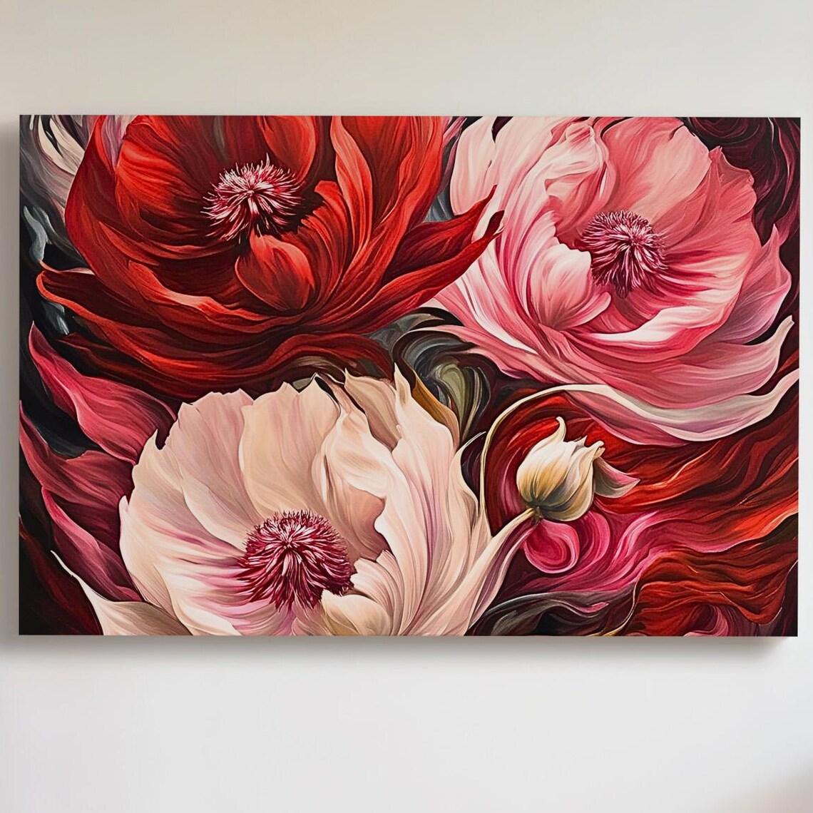 Red Peony Bloom Dramatic Floral Painting Bold Romantic Blossom Art Print