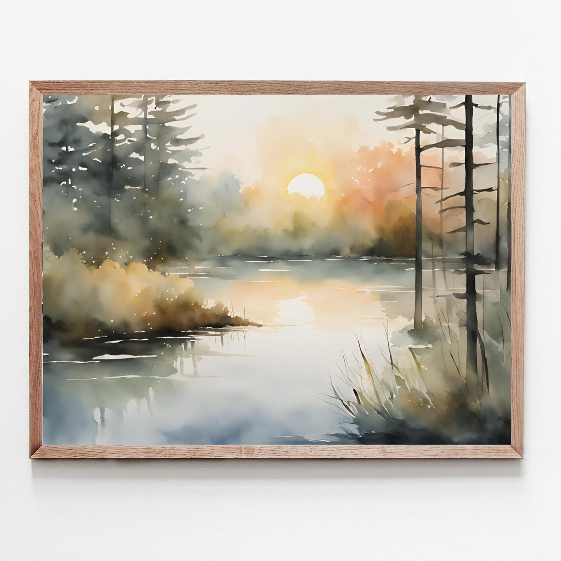 Sunrise Forest Lake Watercolor Art Print, Rustic