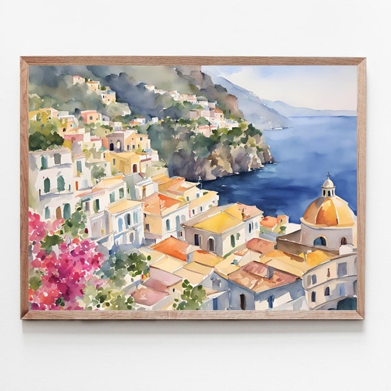 Positano Watercolor Painting, Amalfi Coast Travel Poster