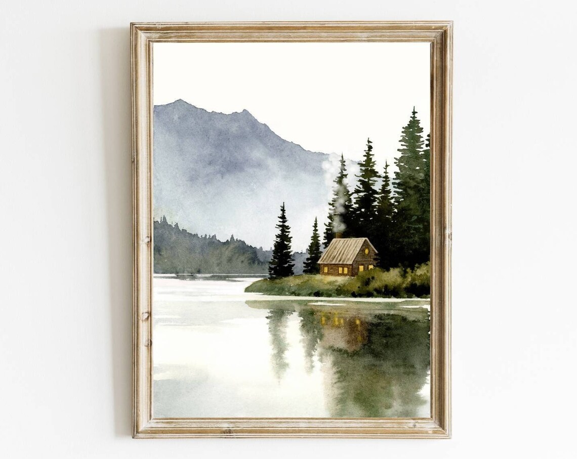 Forest Cabin Painting Mountain Lake Print, Canada