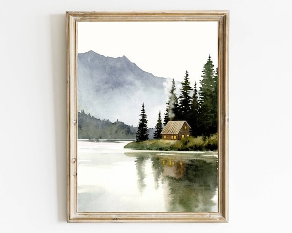 Forest Cabin Painting Mountain Lake Print, Canada